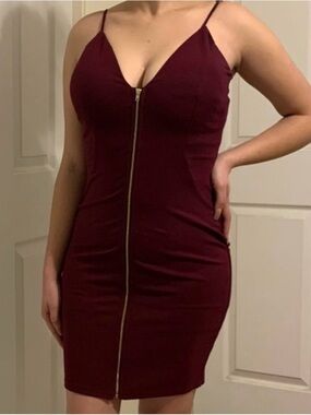 Haute Monde Burgundy Bodycon Mini Dress with Zipper, Spaghetti Straps